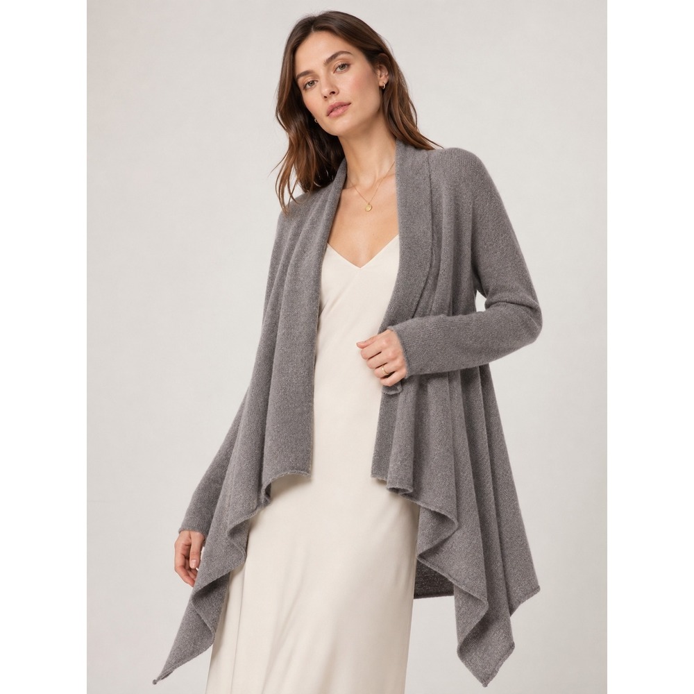 AQUA Cashmere Cardigan Women S Gray Excellent Draped Open Front Handkerchief Hem